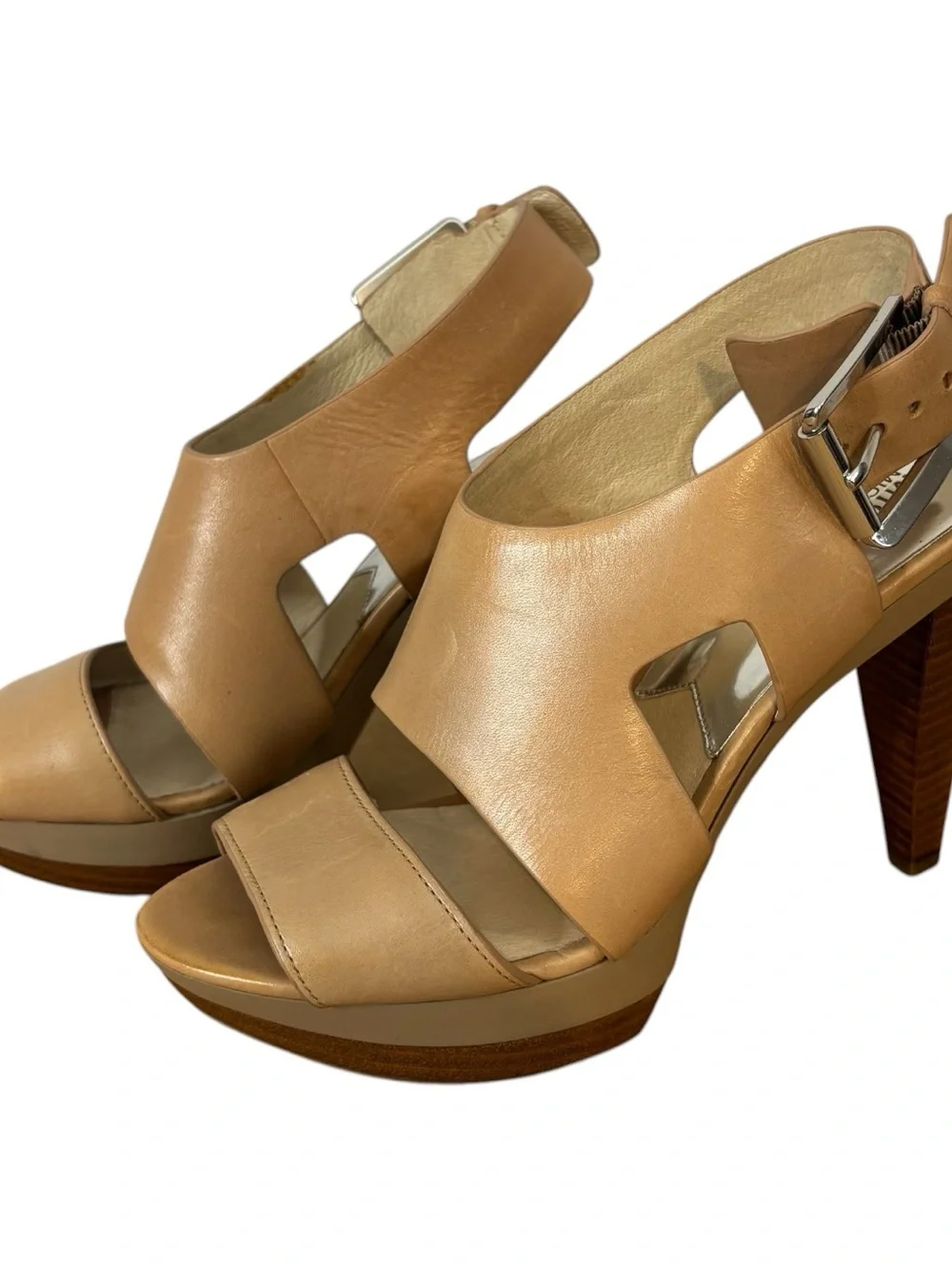 Michael Kors Women's Platform Heels Sandals Open Toe Buckle Leather Tan Size